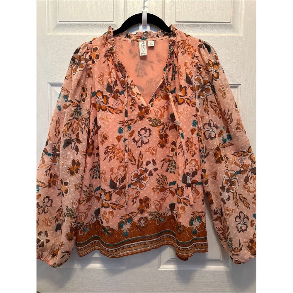 Joie Peach Floral Tie-Neck Peasant Blouse Swiss Dots Lined Size Small